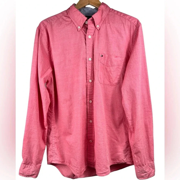 Tommy Hilfiger “Custom Fit” cotton casual button-down shirt, Large, Pink - Picture 1 of 7